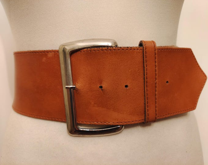 90's Vintage Wide Brown Real Leather Belt