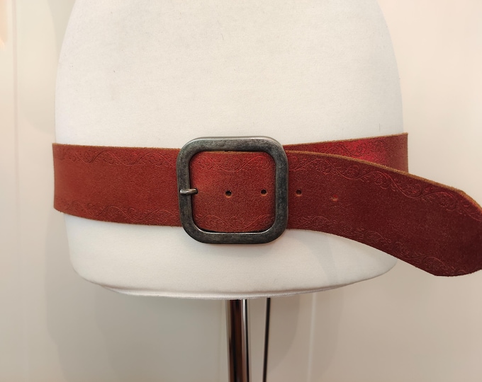 Wide Red Real Leather Embossed Belt With Old Metal Buckle