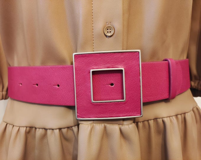 Pink Real Leather Belt With Big Buckle by Solar