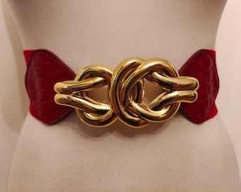 Wide Red Elastic & Faux Leather Belt With Golden Buckle