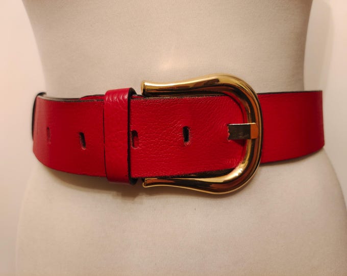 Extra Long Red Real Leather Vintage 90's Belt With Golden Buckle