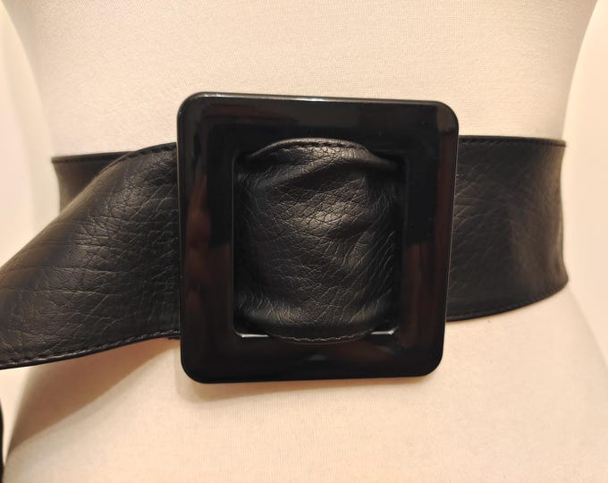 Wide Long Black Faux Leather Vintage 80's Adjustable Belt