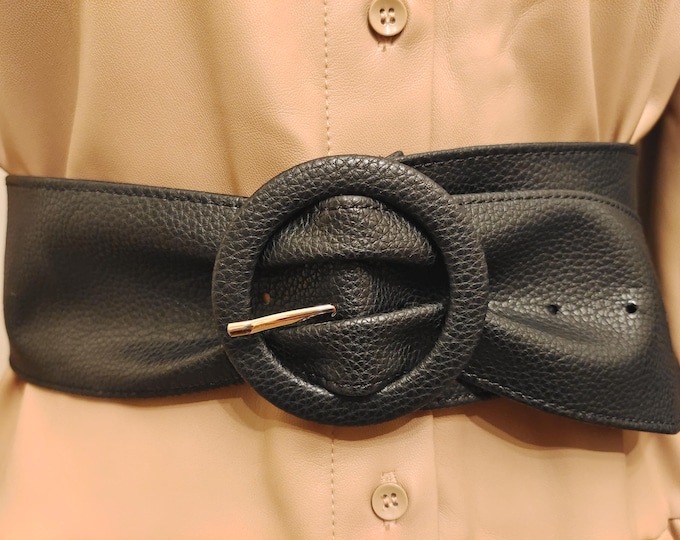 Wide Black Faux Leather Belt With Ring Buckle