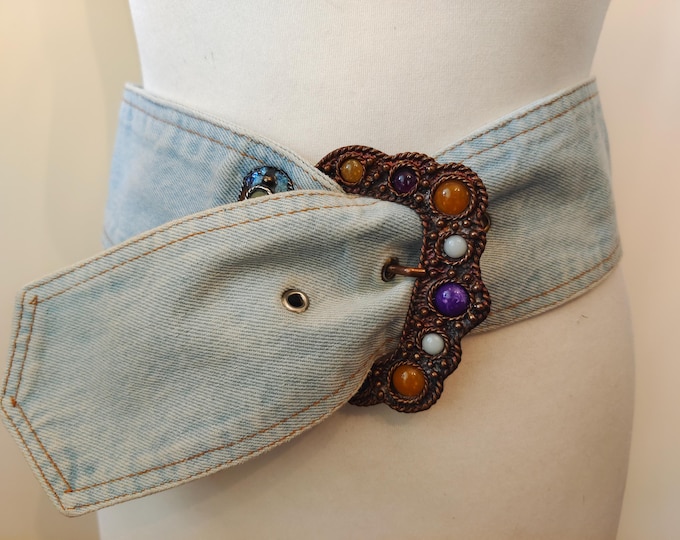 Extra Wide Blue Jeans Y2K Belt With Metal Gems Buckle