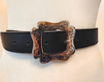 90's Vintage Black Real Leather Belt With Silver Metal Buckle