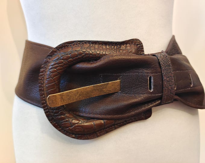 Vintage Wide Brown Real Leather Belt With Huge Buckle
