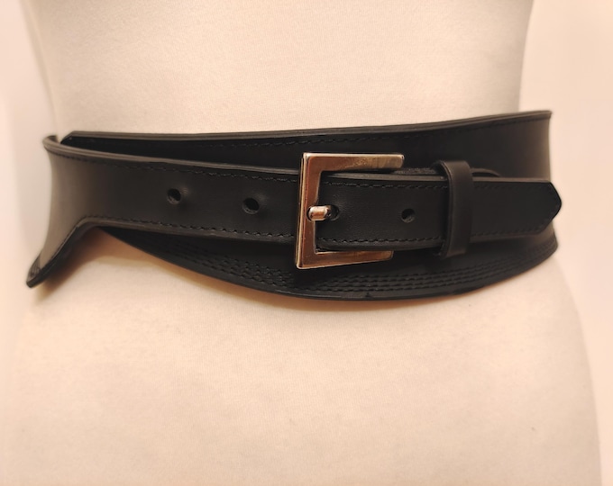90's Vintage Wide Thick Black Real Leather Belt