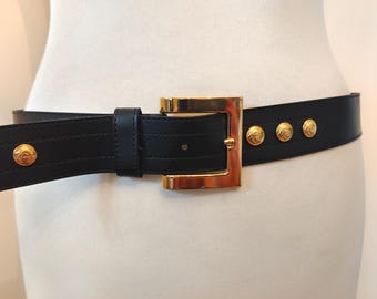 80's Vintage Black Faux Leather Regular Belt With Golden Buckle