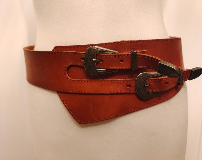 Extra Wide Brown Real Leather Double Buckles Belt