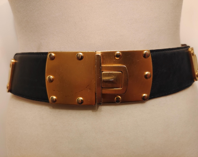 90's Vintage Black Real Leather Belt With Golden Metal Elements by Donna Karan