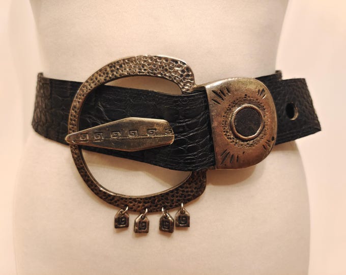 80's Vintage Black Faux Leathe Belt With Big Silver Metal Buckle