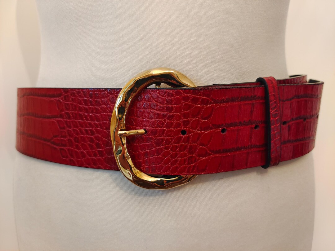 ZARA Red Leather Belt Round Buckle Made in Spain Size 80 Statement s-l400.jpg main image 4