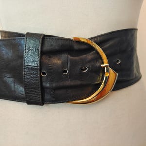 90&#39;s Vintage Wide Black Real Leather Belt With Golden Metal Buckle Made in Spain