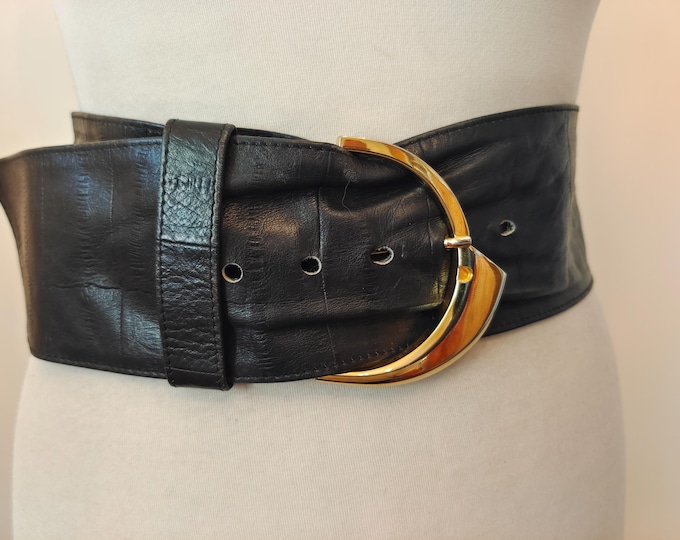 90's Vintage Wide Black Real Leather Belt With Golden Metal Buckle Made in Spain