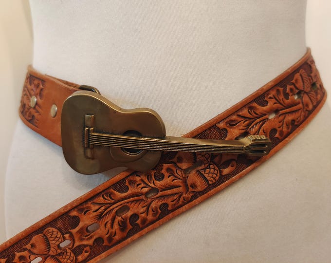 Regular Brown Real Leather Embossed Belt With Metal Guitar Buckle