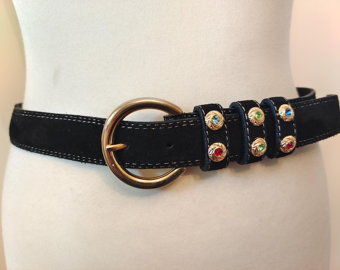 90's Vintage Black Real Leather Belt With Golden Gems Buckle
