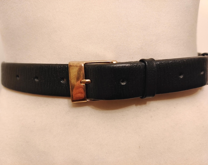 90's Vintage Black Real Leather Belt With Golden Metal Buckle by Friitalia