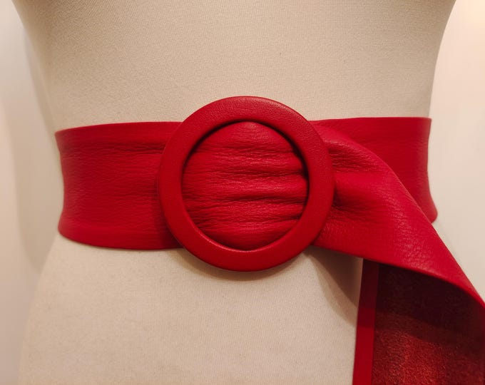 80's Vintage Red Real Leather Adjustable Belt With Ring Buckle by ASTOR