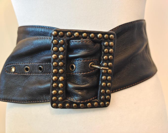 Extra Wide Black Soft Real Leather Belt With Studded Buckle