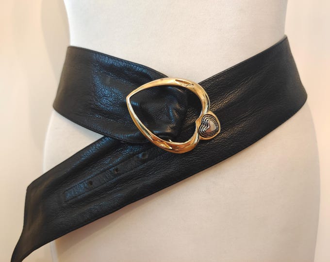 80's Vintage Wide Black Real Leather Belt With Golden Heart Buckle