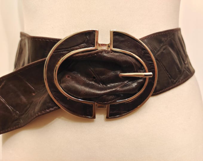 Wide Brown Real Leather Chocolate Brown Crocodile Embossed Belt by Depeche
