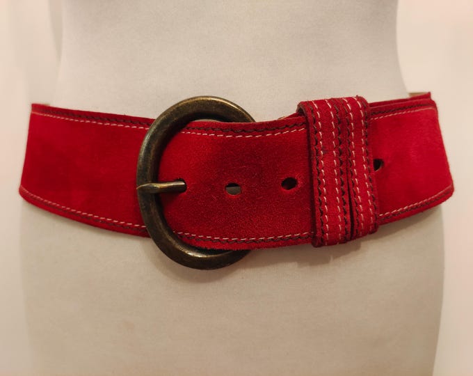 Wide Red Real Leather Suede Belt by KEW