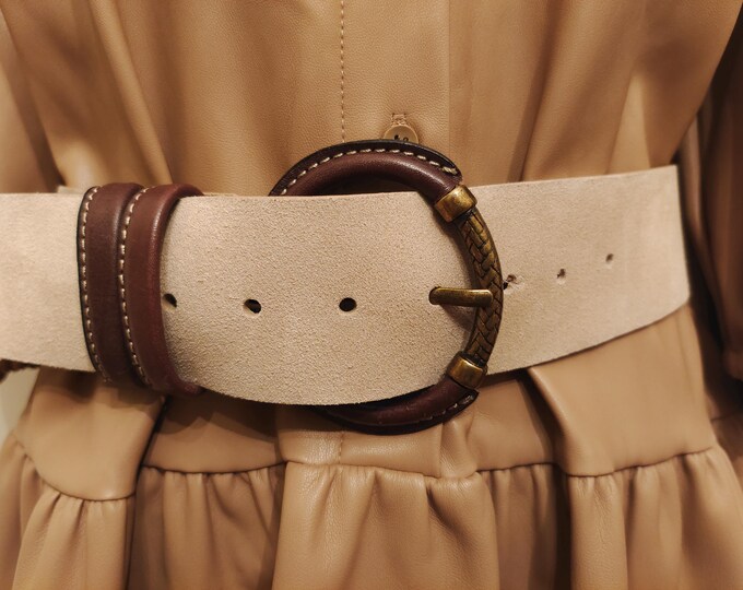 Wide Taupe Split Leather Belt by Benetton