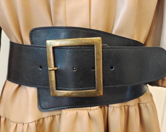 90's Vintage Wide Black Faux Leather Belt