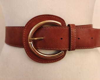 Regular Brown Faux Leather Belt With Golden Buckle