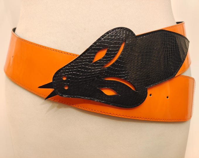 Wide Orange Faux Leather Patent Snake Buckle 80's Vintage Belt
