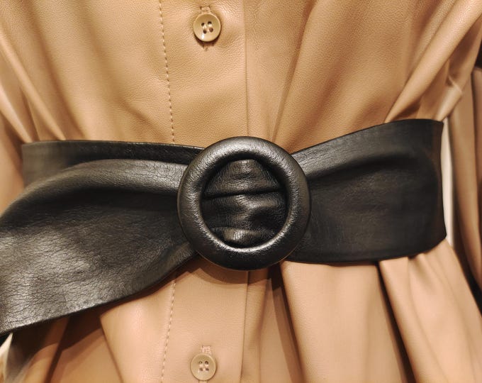 80's Vintage Wide Black Faux Leather Adjustable Belt by Astor