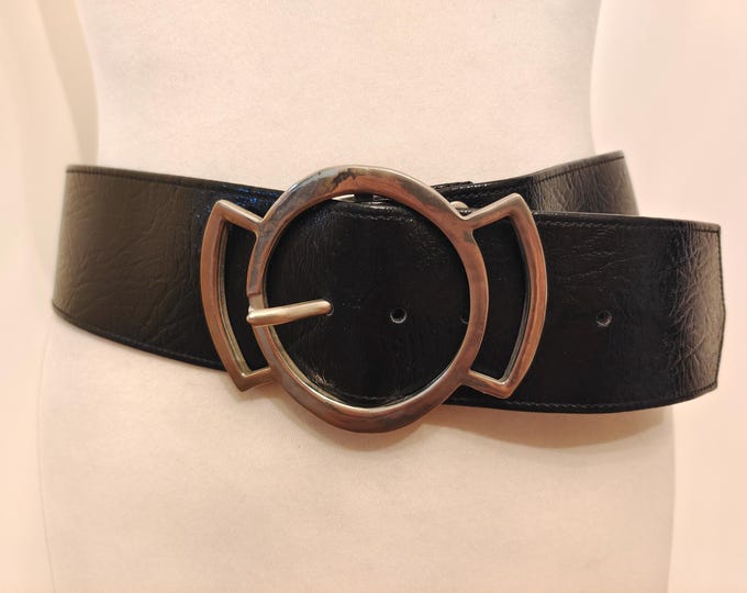 90's Vintage Wide Black Real Leather Belt With Big Silver Buckle