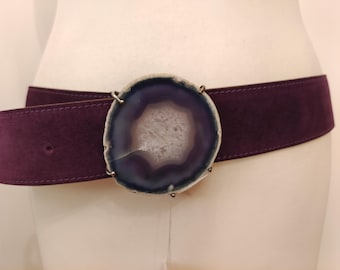 Long Purple Suede Leather Belt With Agata Stone Buckle by Maddalena Marconi Made in Italy