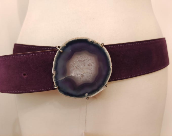 Long Purple Suede Leather Belt With Agata Stone Buckle by Maddalena Marconi Made in Italy