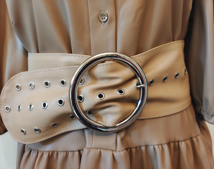 90's Vintage Extra Wide Beige Real Leather Belt With Round Metal Buckle by Maxima Made in Italy