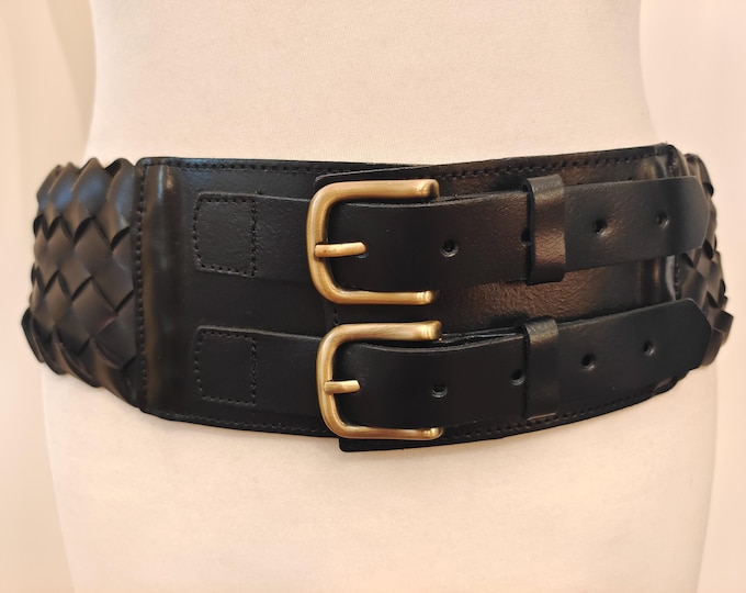 Wide Black Faux Leather Woven Belt by Mango Made in Spain