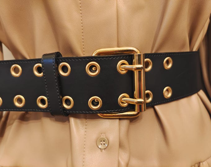 Black Real Leather Double Prong Belt With Golden Buckle by Stephen Collins