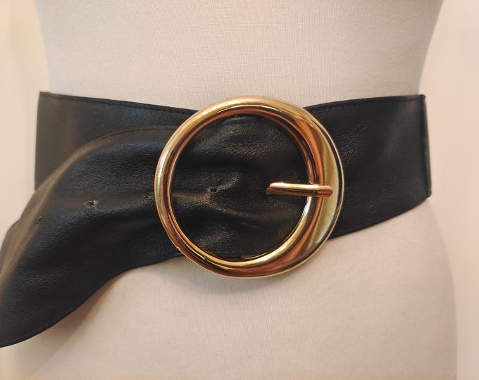 90's Vintage Wide Black Real Leather Belt With Golden Metal Buckle