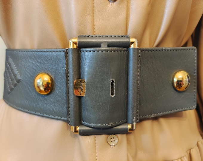 90's Vintage Wide Grey Real Leather Belt by YSL