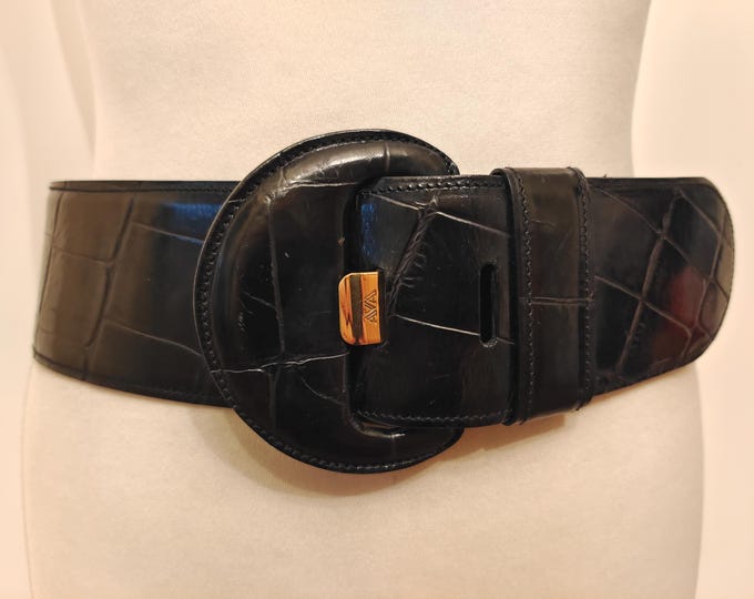80's Vintage Wide Black Real Leather Belt by Adolf Made in Germany