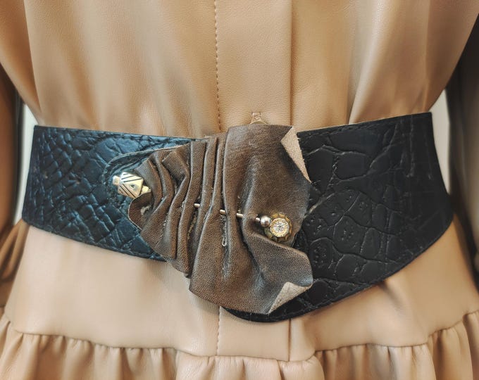 80's Vintage Wide Black Real Leather Belt