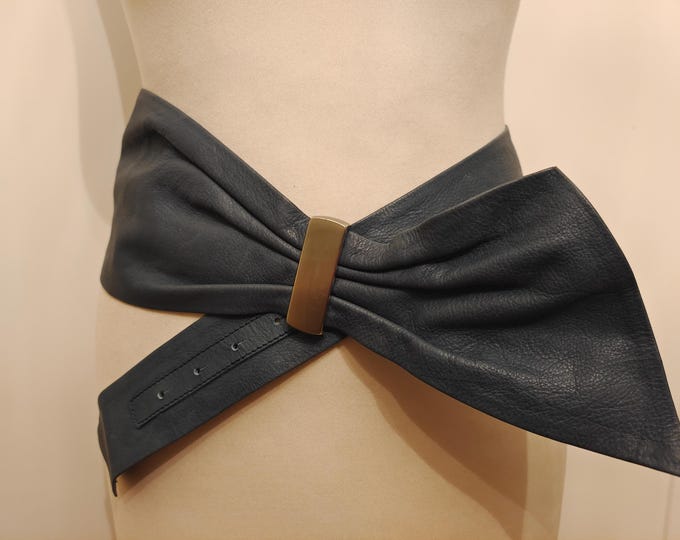 Extra Wide Blue Grey Real Leather Belt by United Colors of Benetton Made in Italy