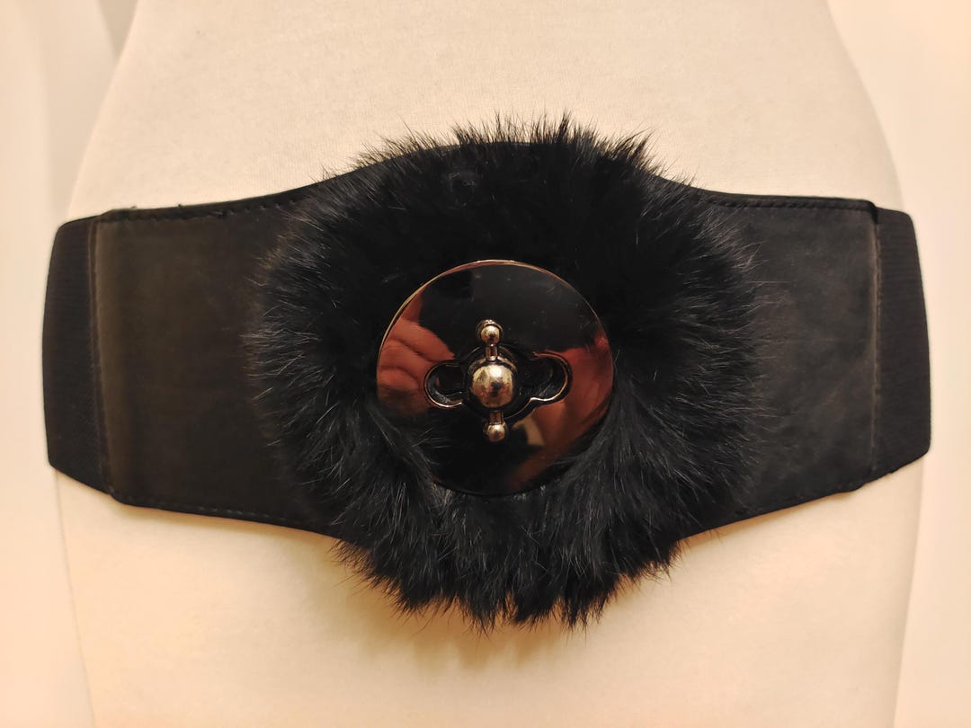 Wide Black Elastic Adjustable Belt With Rabbit Hair - Etsy