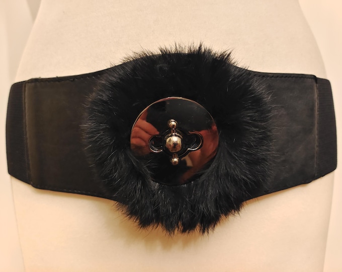 Wide Black Elastic Adjustable Belt With Rabbit Hair