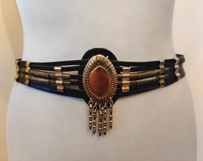 Vintage Black Real Leather Belt With Golden Metal Buckle