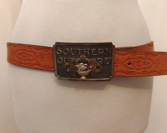 90's Vintage Brown Real Leather Embossed Belt With Metal Gems Buckle Southern Outdoors