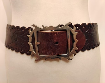 Wide Brown Embossed Real Leather Vintage 90's Belt by Belt Up Handmade in Mallorca
