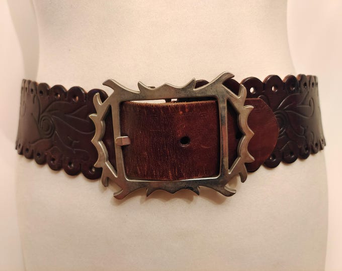 Wide Brown Embossed Real Leather Vintage 90's Belt by Belt Up Handmade in Mallorca