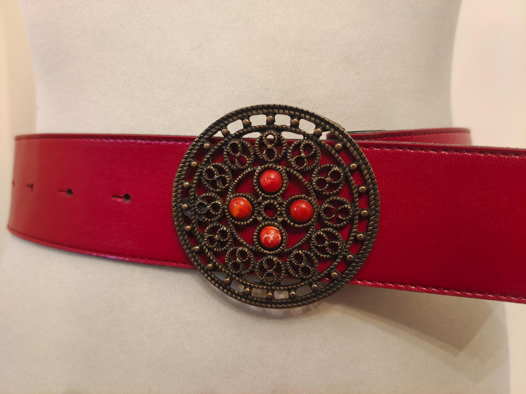 VTG Womens Red Fabric Large Bejeweled Buckle Belt Size Small Retro 80\'s 90\'s Vtg Belt Womens Elastic Waist Stretchy Red | Mercari main image 3