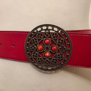 80&#39;s Vintage Wide Red Faux Leather Belt With Metal Buckle
